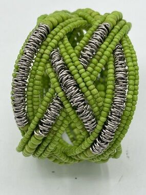 4.22.26-1 Green Seed Bead Wrap Bracelet with Silver Accents